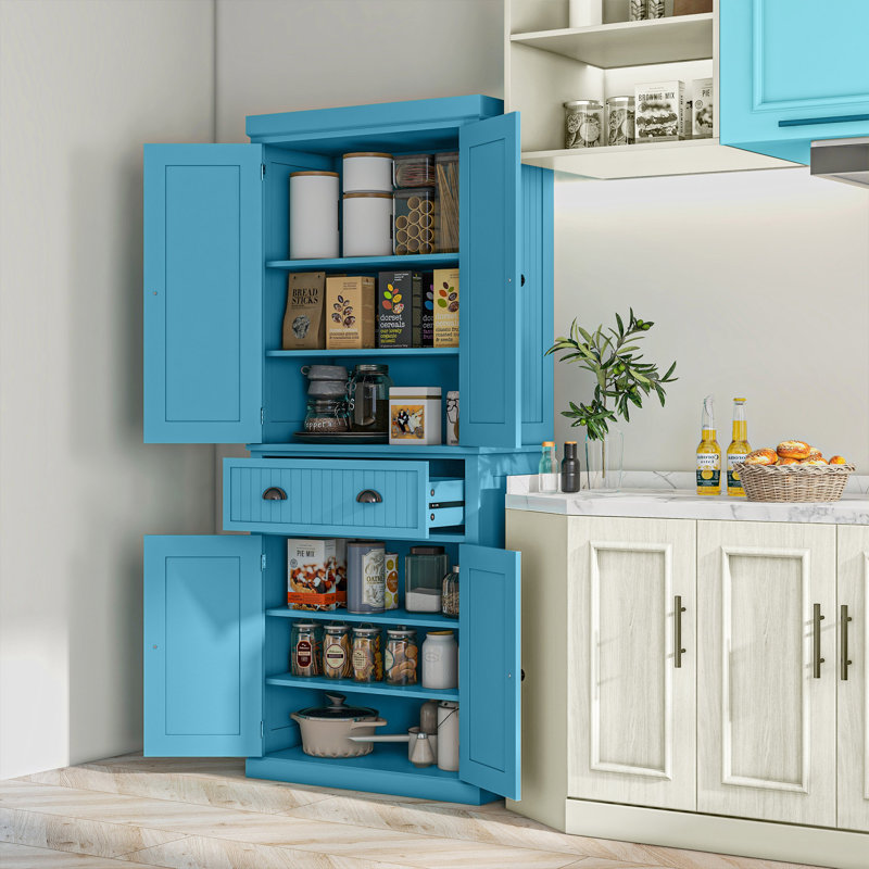 Armoire de cuisine, grande armoire de rangement autoportante, Bleu