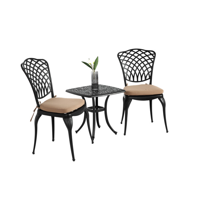 Patio extérieur en aluminium coulé 3 pièces - 2 chaises et 1 coussin de table noir, conception classique, assemblage facile requis pour le patio, le jardin, le style 3 pièces du balcon, une cour paisible