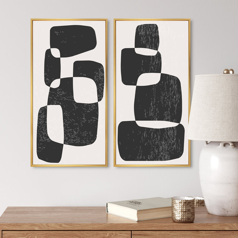«Abstract Artistic Organic Minimalistic Shapes IV», ensemble de 2 peintures, H 32 po x l 32 po x P 1 po, Cadre doré