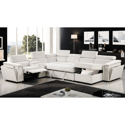Canapé-lit modulaire moderne inclinable électrique avec tissu haute performance, appuis-tête réglables, méridienne de rangement et accoudoirs cachés, revêtement, structure en bois, 6 sièges, siège mi-ferme, extra