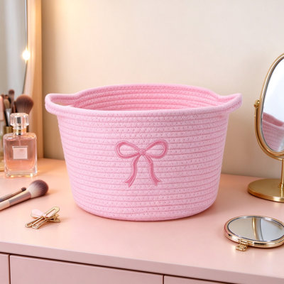 Paniers de rangement en corde de coton tissé avec motif de coquette rose, poignées douces et robustes, organisateur pliable naturel pour vêtements, vêtements et décoration intérieure