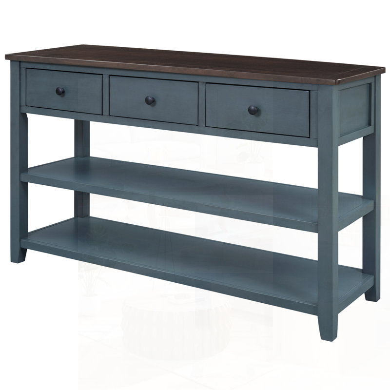 Console rétro avec deux tablettes ouvertes, structure en bois de pin massif et pieds pour le salon, Marine