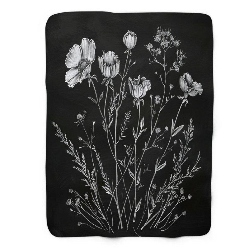 Couverture florale en noir et blanc - Sherpa de qualité supérieure 1 pièce, Lit simple