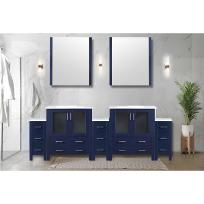 Navy Blue, Double Bath Vanity, 96 In. In Width, 18.25 Depth, White Ceramic Counter, Solid Wood Frame Build, Soft - Close Drawer Design, Interior Cabinets, Storage Organization, Stain Vanity Surface,