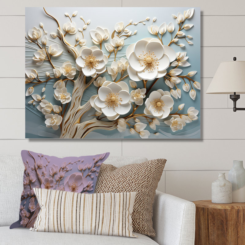Orchidée blanche jardin de branches 9 - Art mural floral abstrait, Toile tendue, H 12 po x l 20 po x P 1 po