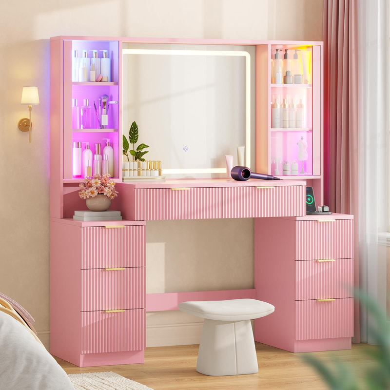 Coiffeuse cannelée avec miroir lumineux, station de recharge, lumières DEL synchronisées au son, meubles en bois, armoires vitrées luxueuses, 8 tiroirs, grande coiffeuse rose pour filles et femmes