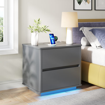 Modern Style Wooden Nightstand With Body Sensor Light And Two Drawers