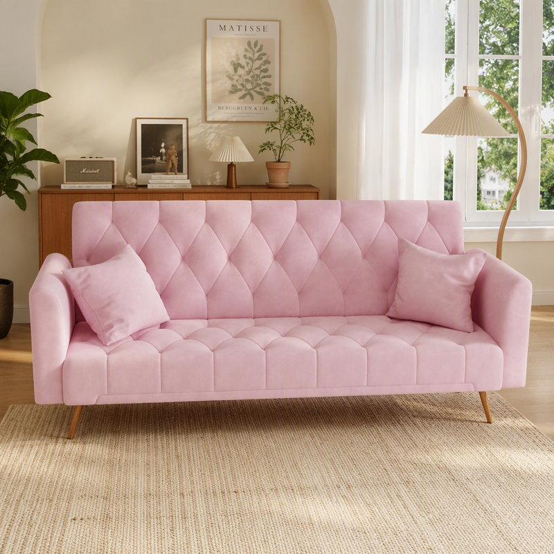 Canapé-lit deux places de 180 cm en velours rose, style rétro américain, idéal pour un petit salon, une chambre ou un bureau.