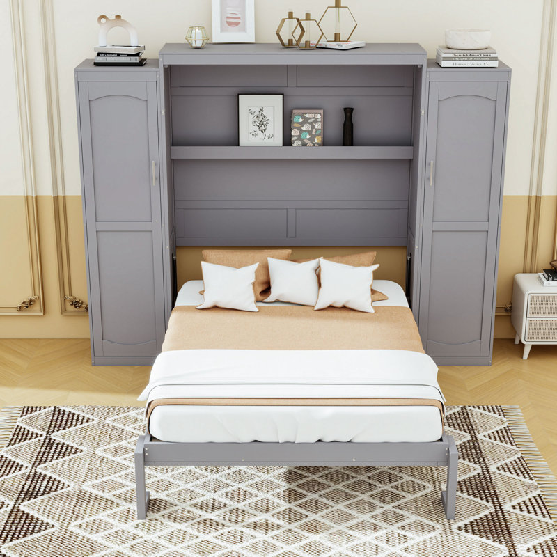 Lit escamotable avec armoire intégrée et tablettes de rangement, Gris, Double