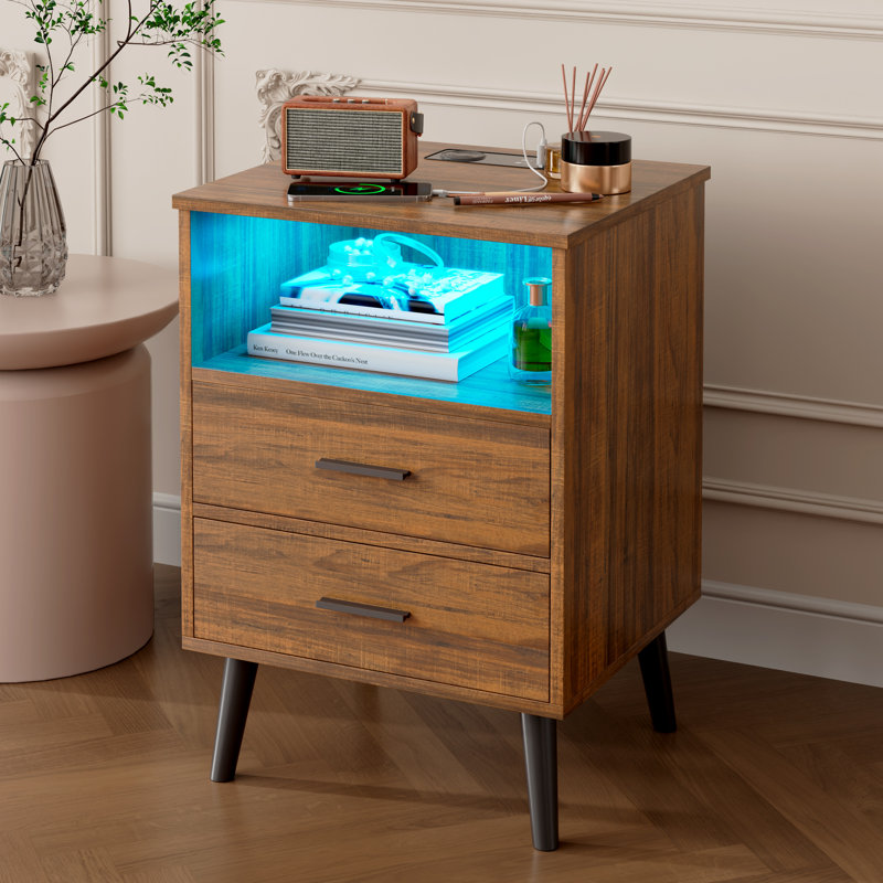 25.6''H Nightstand With Hidden Drawer, Bedside Table With Charging Station & Sensor Lights, Brown