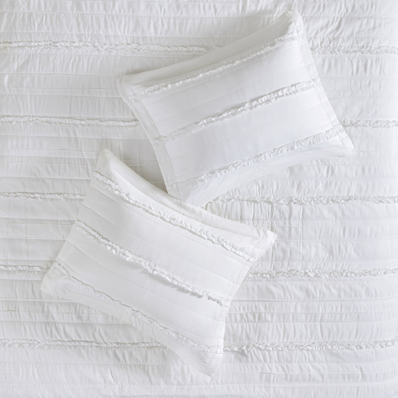 Courtepointe avec textures délicates à volants et coussin décoratif - Blanc