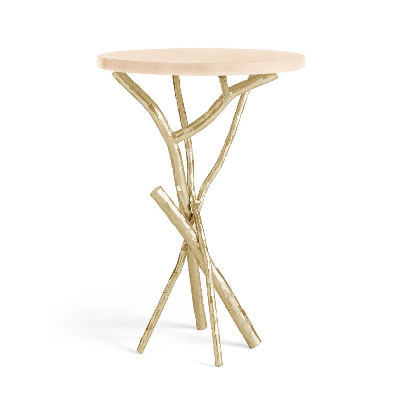Brindille Wood Top Accent Table, Maple Natural, Modern Brass
