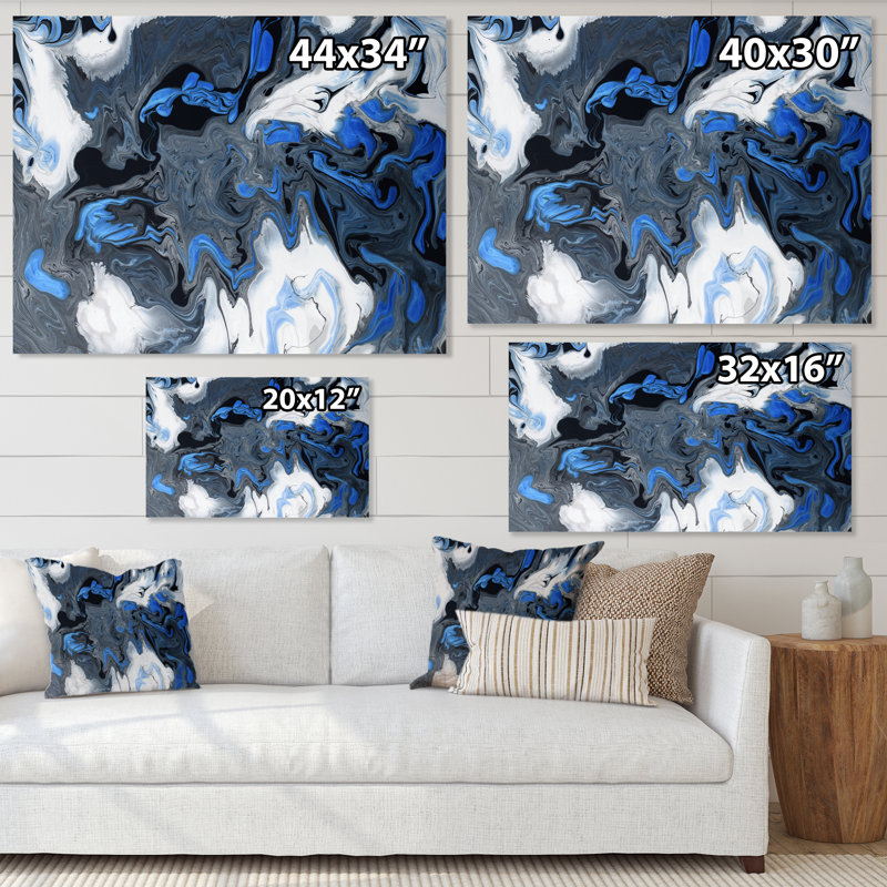 Vagues bleues liquides sur fond blanc et noir - peinture sur toile, H 16 po x l 32 po x P 1 po, Toile tendue