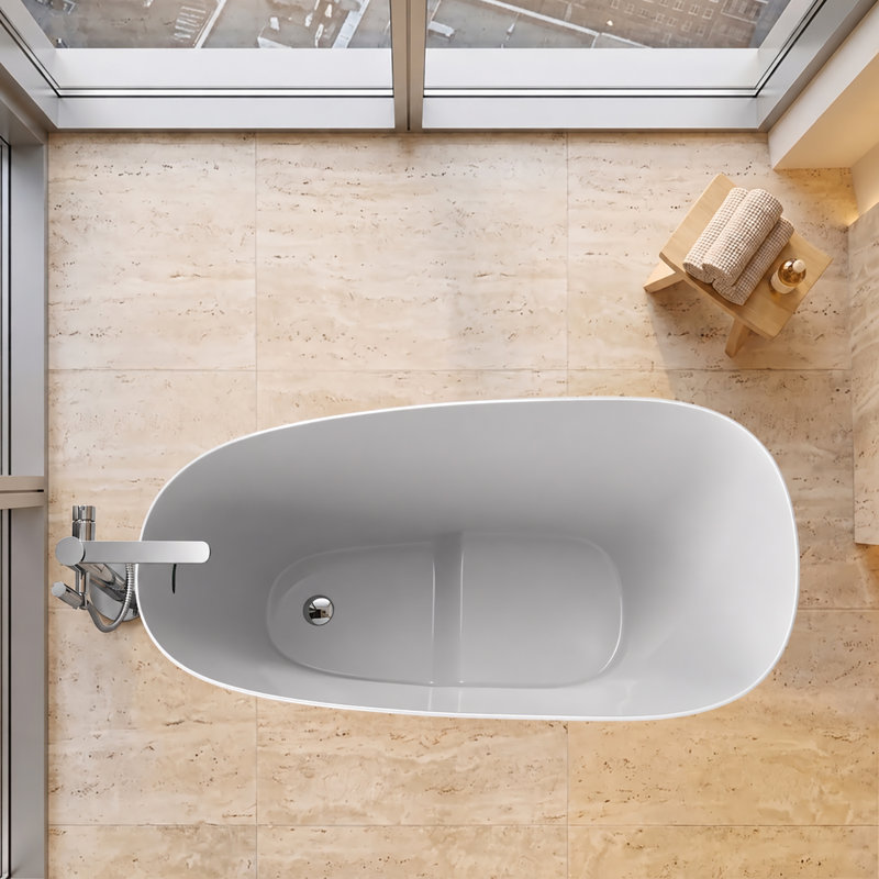 47" Freestanding Modern Japanese Deep Soaking Single Slipper Solid Surface Stone Resin Bathtub with White Matte Finish 