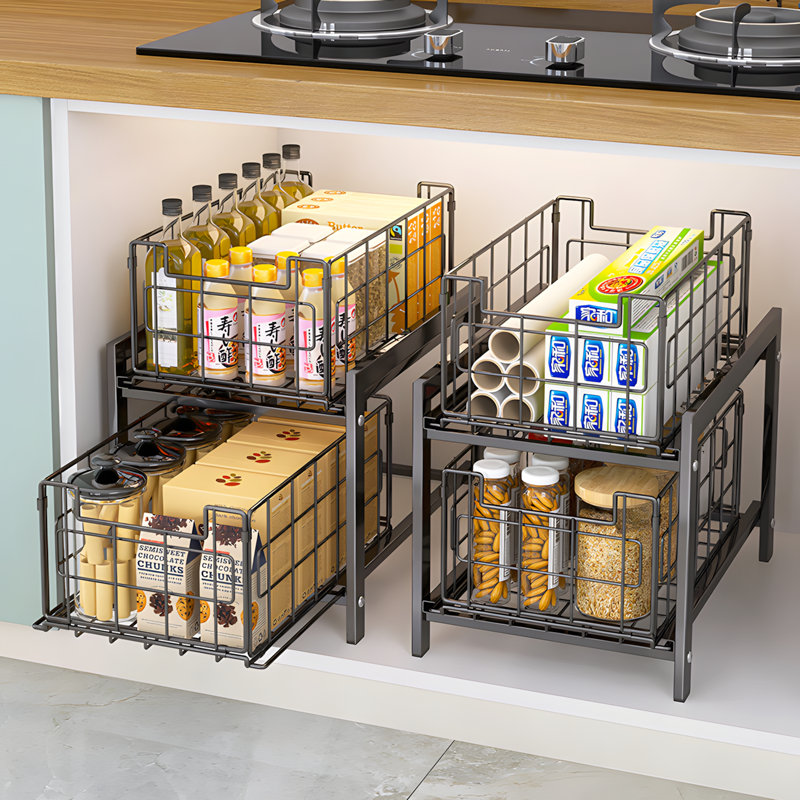 Pull-Out Slide-Out Cabinet Organizer With Foldable Design For Kitchen Storage And Spice Rack
