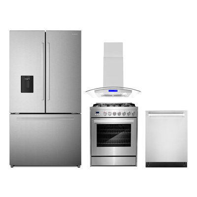 Cosmo 4 Piece Kitchen Appliance Package with French Door Refrigerator 30'' Gas Freestanding Built-In Island Range Hood