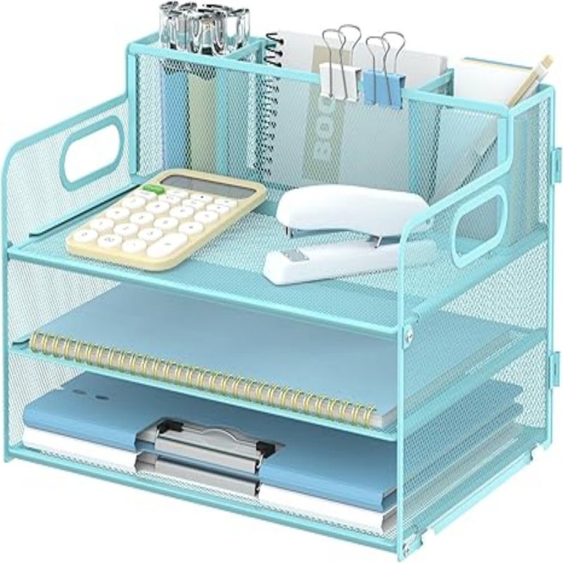 Organisateur de bureau à 3 niveaux avec poignée et 3 porte-stylos, Bleu