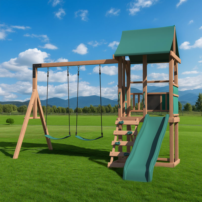 Swing Sets For Backyard, 4-in-1 Outdoor Swing Set With Slide, Climbing Rock Wall, And Soft Cushion Swings For Backyard Playground