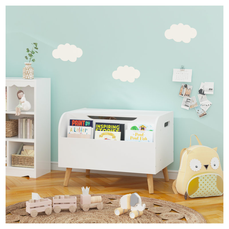 Boîte à jouets en bois avec bibliothèque à l'avant, couvercle rabattable et charnière de sécurité pour l'organisation de la chambre des enfants