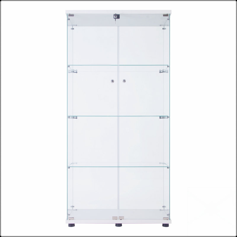 Modern LED Strip Light Two Door Glass Display Cabinet With 4 Shelves, White, Perfect For Showcasing And Storage, White