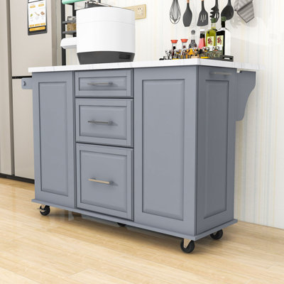 Rolling Kitchen Island Cart with Tilt Trash Can, Drop Leaf, Pull-Out Cabinet and 2 Drawers