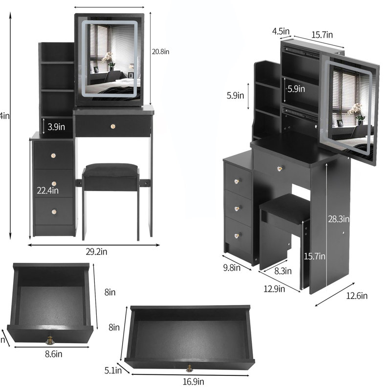 Black Vanity Table With Sliding Touch Led Mirror, Adjustable Intensity & Color Options, Cushioned Stool, , For Small Area Accommodation Compact Left Bedside Brightness Seat, Black, Tiny Spaces