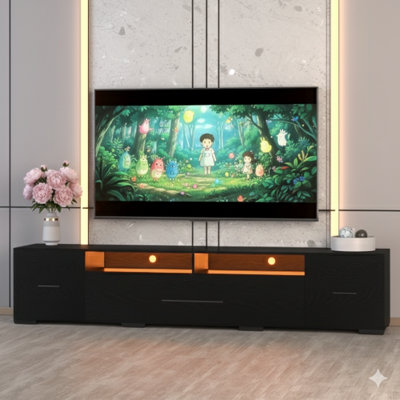 Modern Black Entertainment Console With Storage Cabinets, Featuring A Full RGB LED Light Strip With 31 Modes, Controllable Via Remote Or App. Includes Integrated Power Management And Is Designed For Tvs Up To 80 Inches.