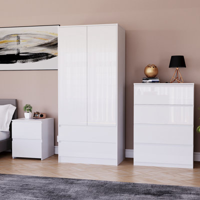 Oslo 3 Piece Bedroom Set (2 Drawer Bedside Chest, 4 Drawer Chest, 2 Door 2 Drawer Wardrobe), (100% FSC)