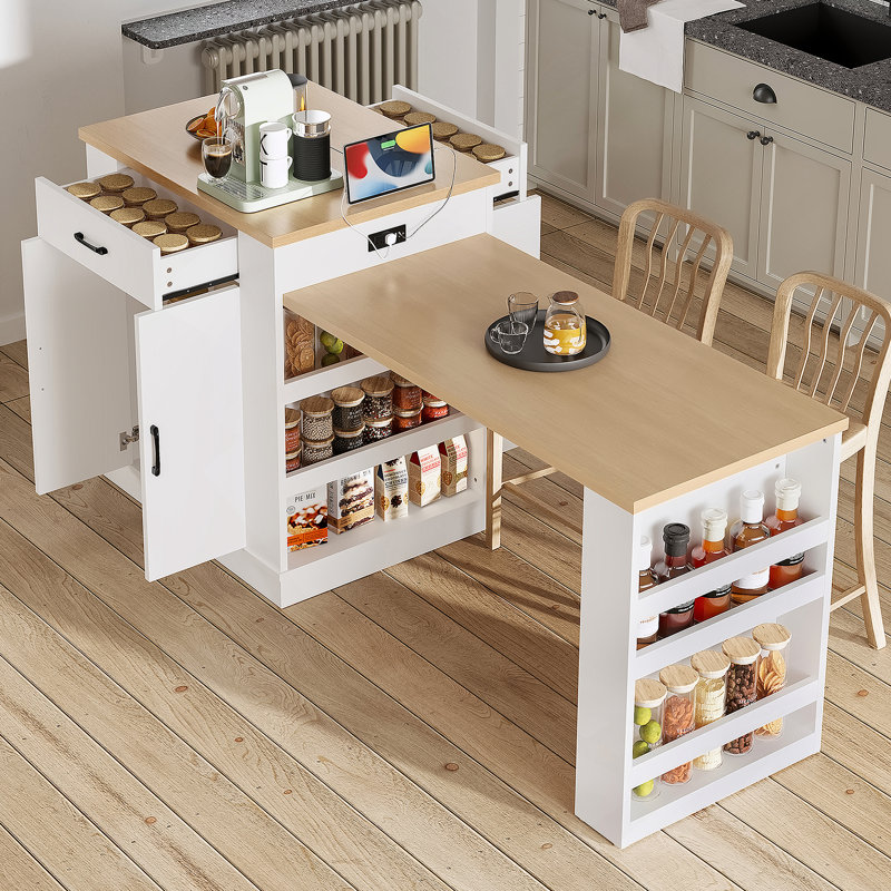 Accent Cabinet, Extendable Island Console With Drawers, Double-Door Cabinet And Open Shelving, White