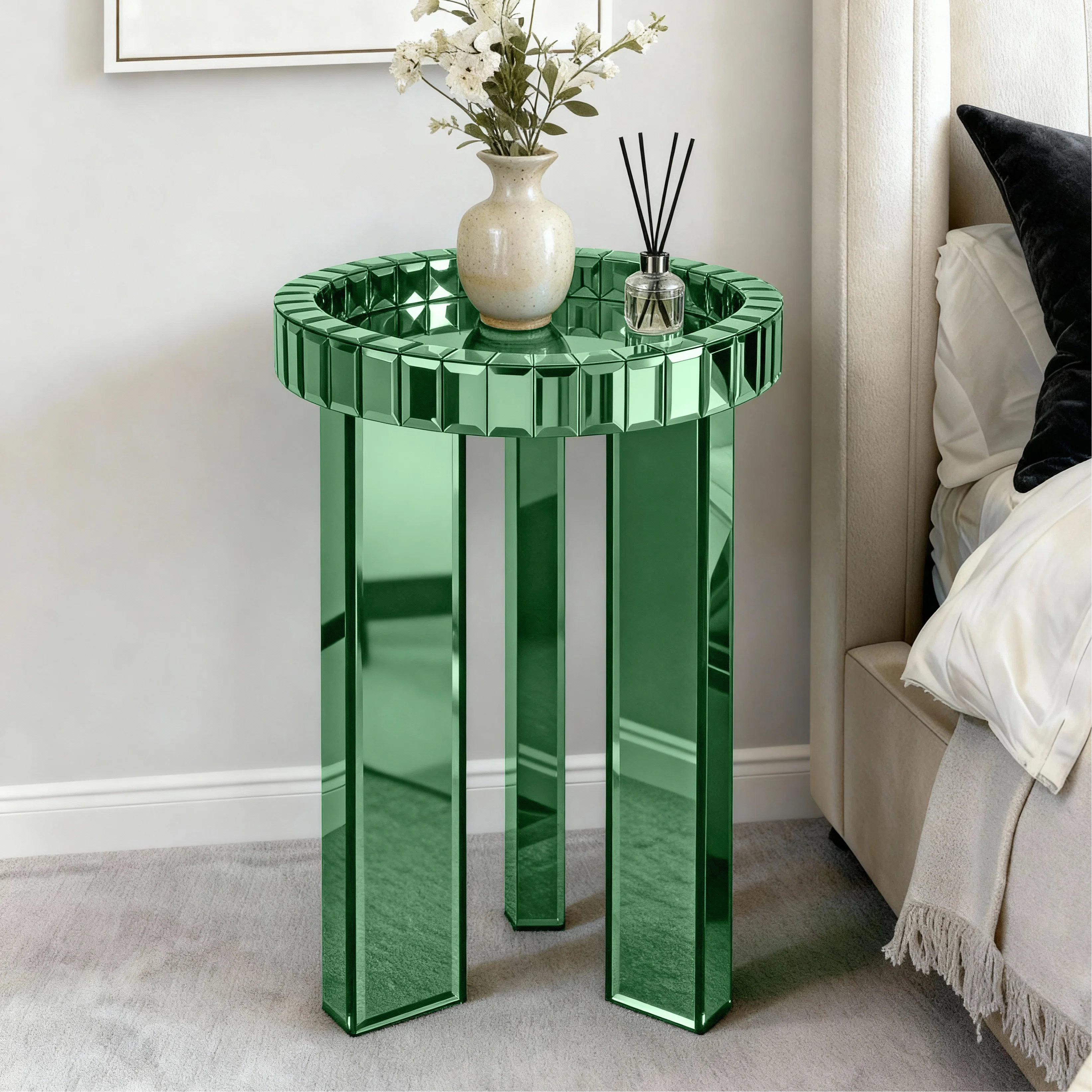 Everly Quinn Amla Round Glass End Tables With Tray Top | Wayfair