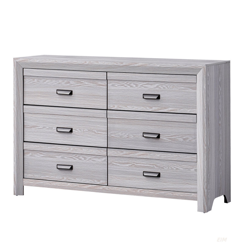 Commode 1 pièce à 6 tiroirs de style contemporain à finition rustique (commode), Gris