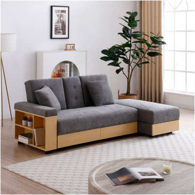 Canapé-lit convertible, canapé-lit double pliant multifonctionnel, repose-pieds avec rangement et accoudoir avec boîte et tiroir, table rabattable avec 2 supports pour salon, appartement, bureau, gris