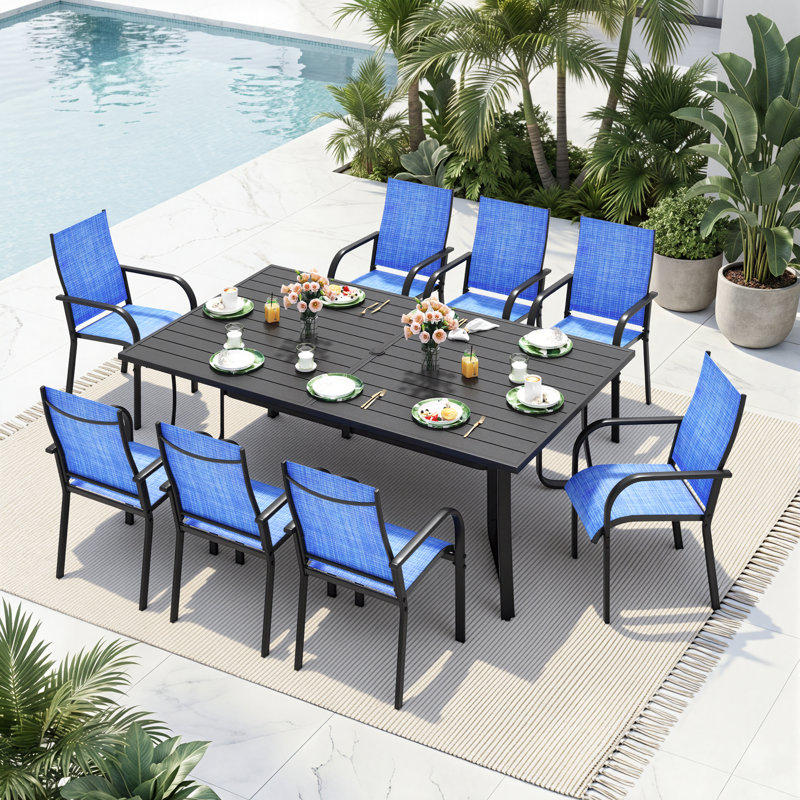 Ensemble de salle à manger 9 pièces pour terrasse - Comprend 8 chaises de salle à manger empilables et une table en métal avec trou pour parasol - 8 places pour la cour, la piscine, le balcon et le jardin, bleu