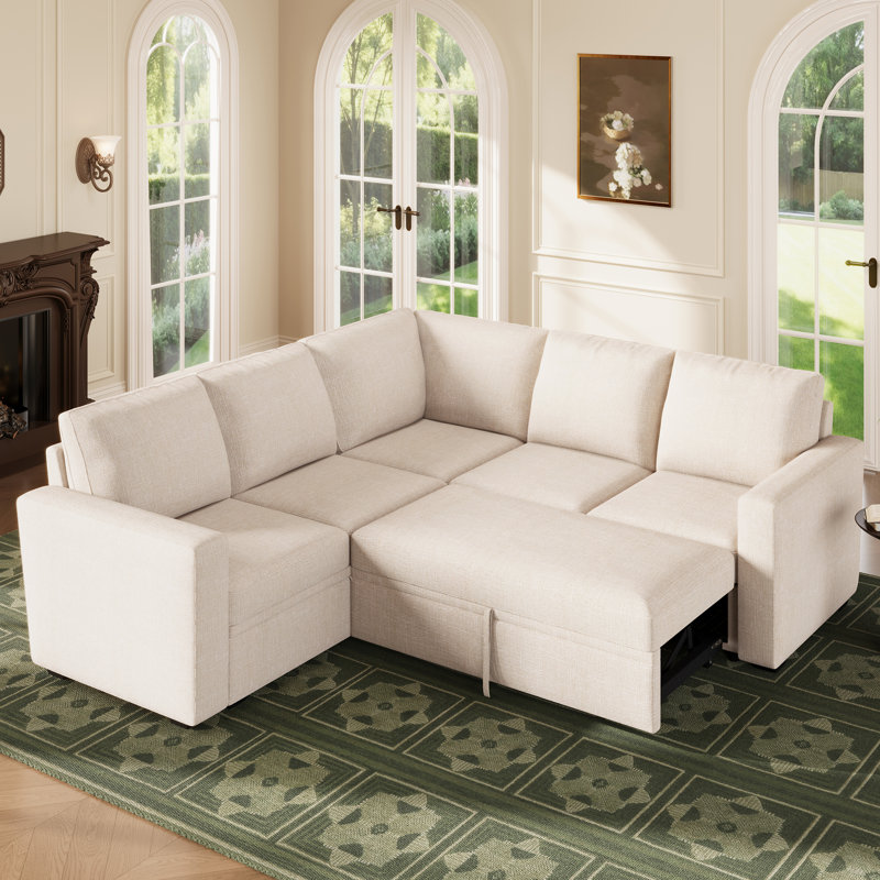 Hoelscher L-shaped Sleeper Sectional Upholstered Sofa Bed With Storage Space Beige, Beige Polyester