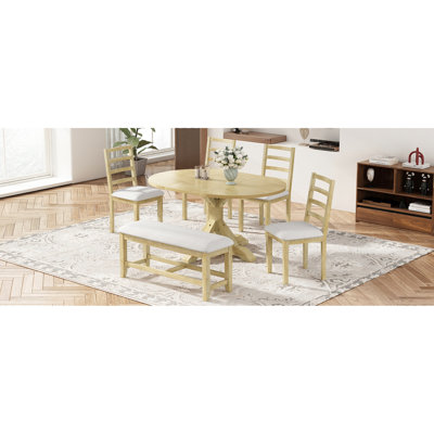 6 Dining With Extendable 60-inch Oval Table, 18-inch Removable Leaf, Pedestal Legs, 4 Back Chairs And 44-inch Bench, Natural + Beige 6 - Piece Modern