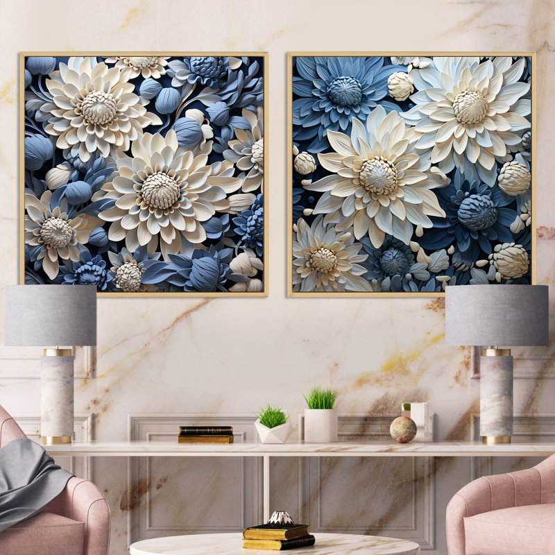 Ensemble de 2 collages carrés en châtaignier blanc pur et bleu, Cadre flottant brun, H 30 po x l 61 po