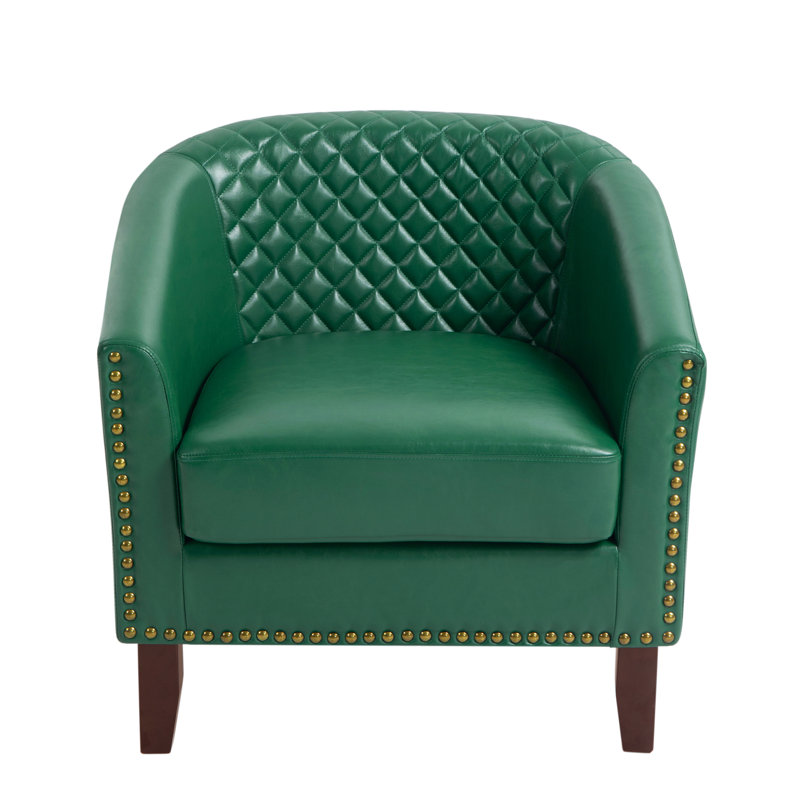 Fauteuil demi-tonneau capitonné avec garniture cloutée Edvardas, Similicuir vert