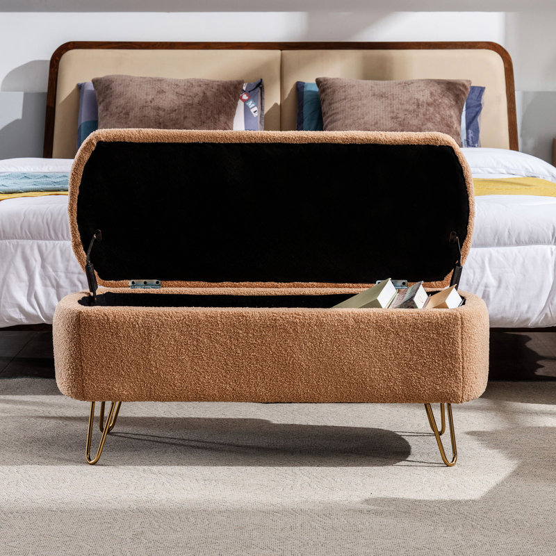Banc de rangement doré en fausse fourrure chameau pour le salon de la chambre à coucher avec revêtement doré, Chameau