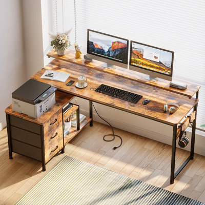 Aatami L-Shaped Metal Base Computer Desk with Power Outlet