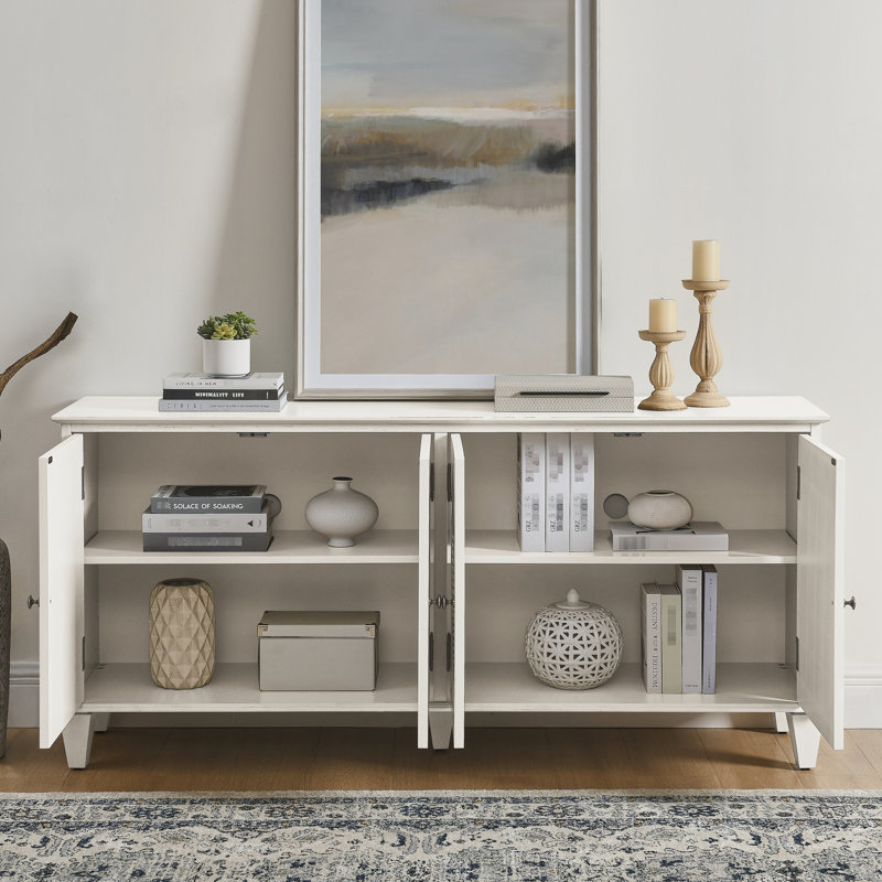 Buffet 65,2 po avec rangement, conception géométrique, poignées en laiton, buffet Mid-Century pour la longévité, tablette ajustable symétrique