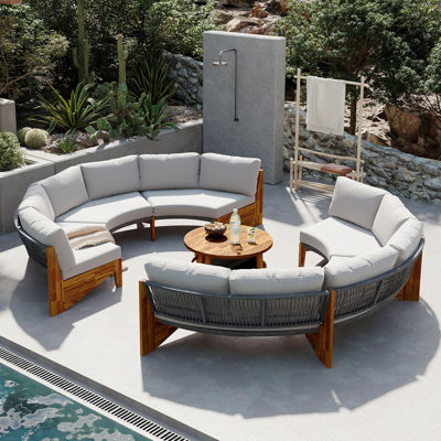 3-Piece Outdoor Sofa Set For 6, 2 Semi-Circle Sofas + Acacia Wood Coffee Table, Weather-Resistant Patio Couch Set, Comfortable Garden & Backyard Furniture(Old Sku:WY000428AAE)