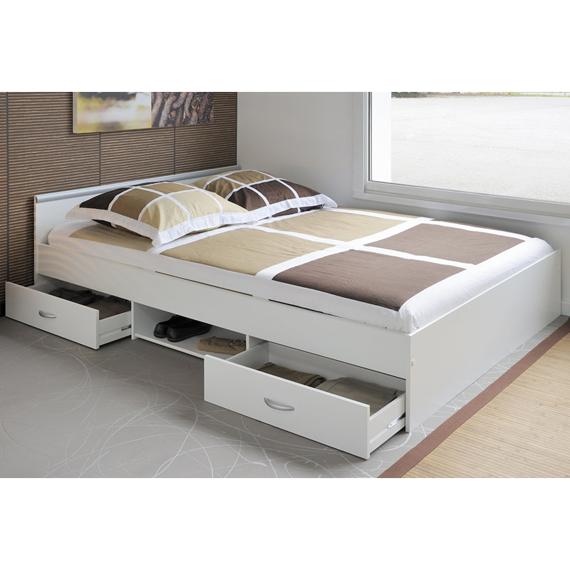 Lit plateforme avec rangement, Blanc, Double