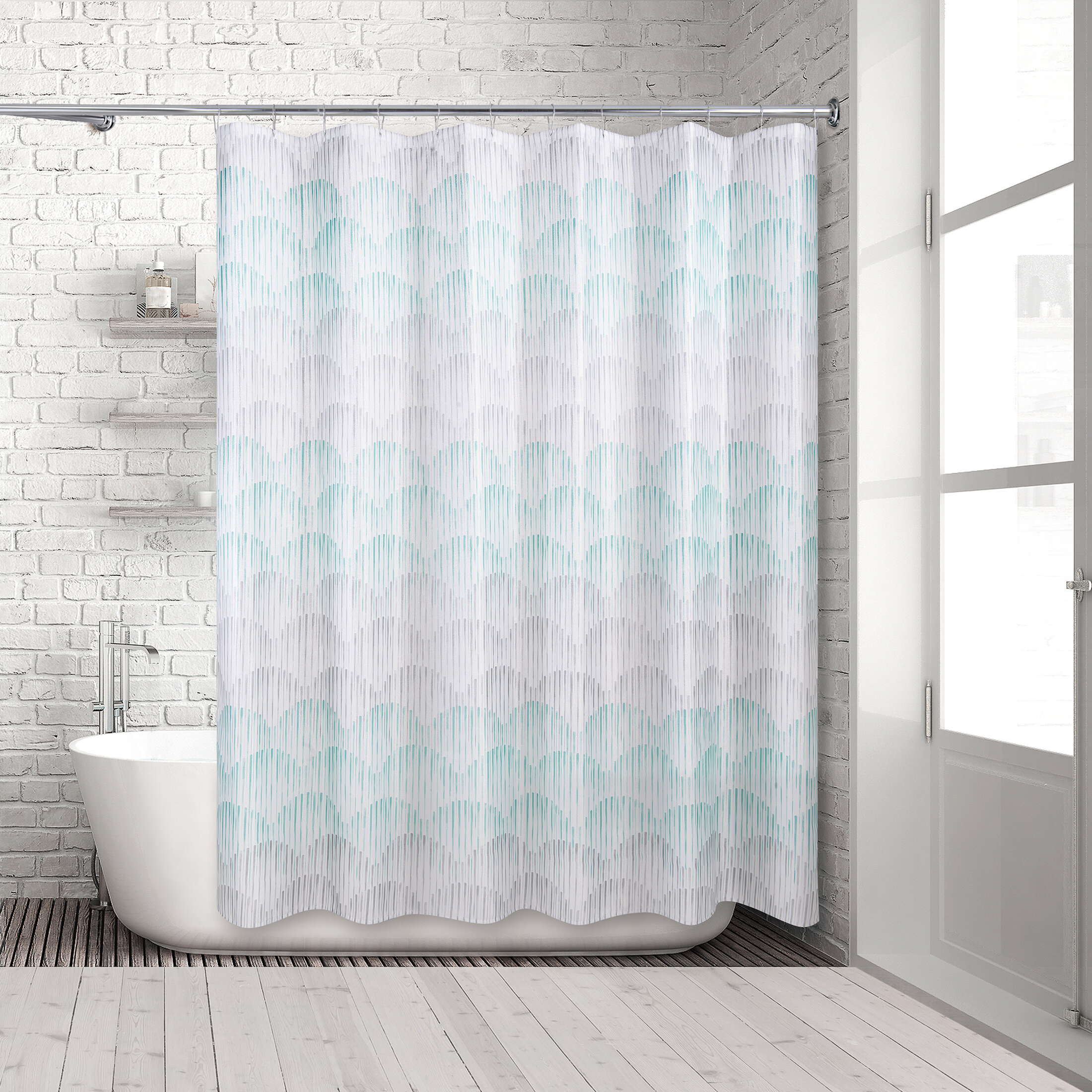 coral and blue shower curtain