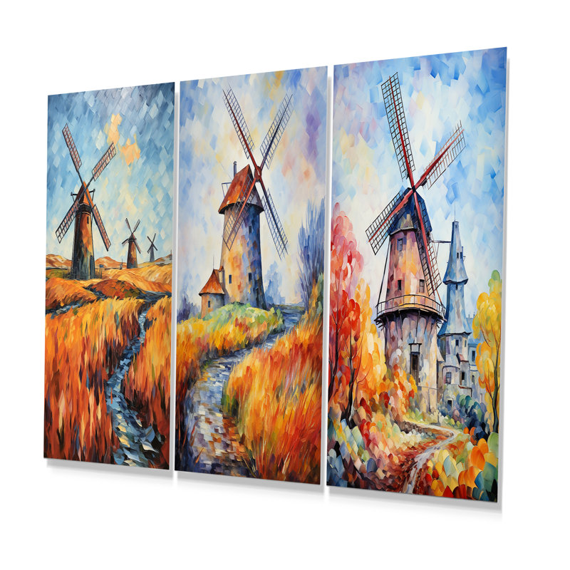 Fauvist Windmill Meadows I - Ensemble de 3 reproductions d'éoliennes en métal, H 32 po x l 48 po