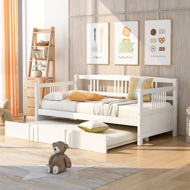 Lit de jour en bois avec lit gigogne simple, Lit simple, Blanc