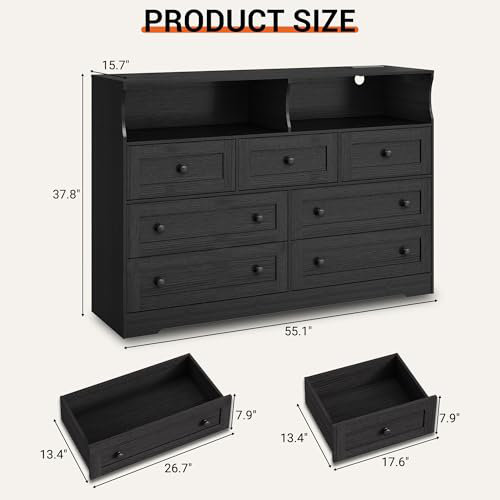 Commode 7 tiroirs pour chambre à coucher avec lumières DEL, commode en bois avec 2 compartiments ouverts et station de charge