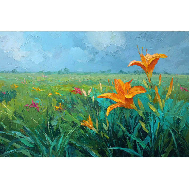 «Orange Lily Meadow Landscape», art mural sur toile tendue, L 24 po x H 16 po x P 1,5 po