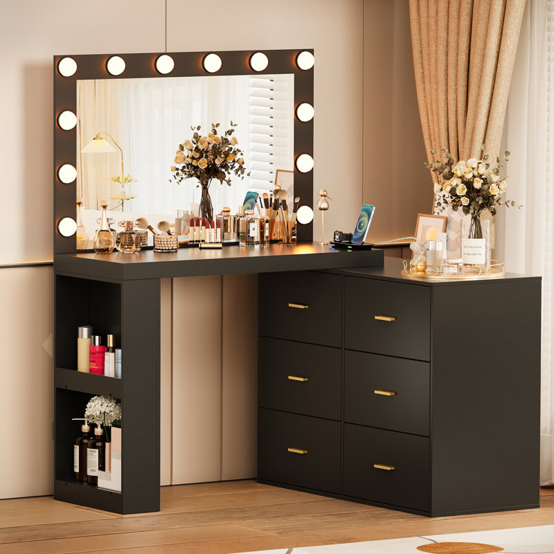 Makeup Vanity Desk with Mirror and 3-Color Lights,6 Drawers Vanity Table with Charging Station, Black