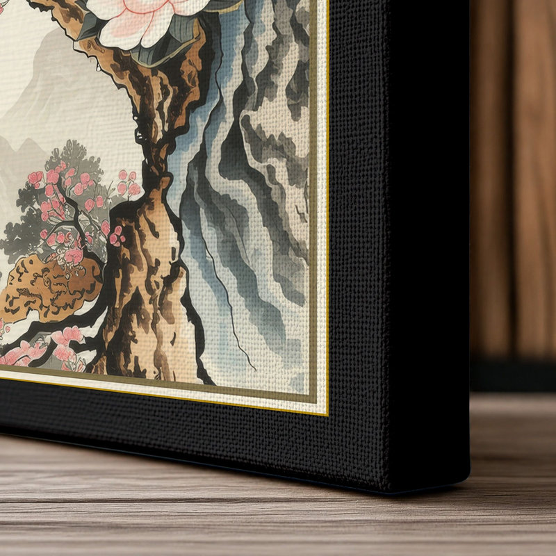 Pagoda Among Blossoms Japandi - Wrapped Canvas, 30x20 - 76.2 x 50.8 cm, Black Border