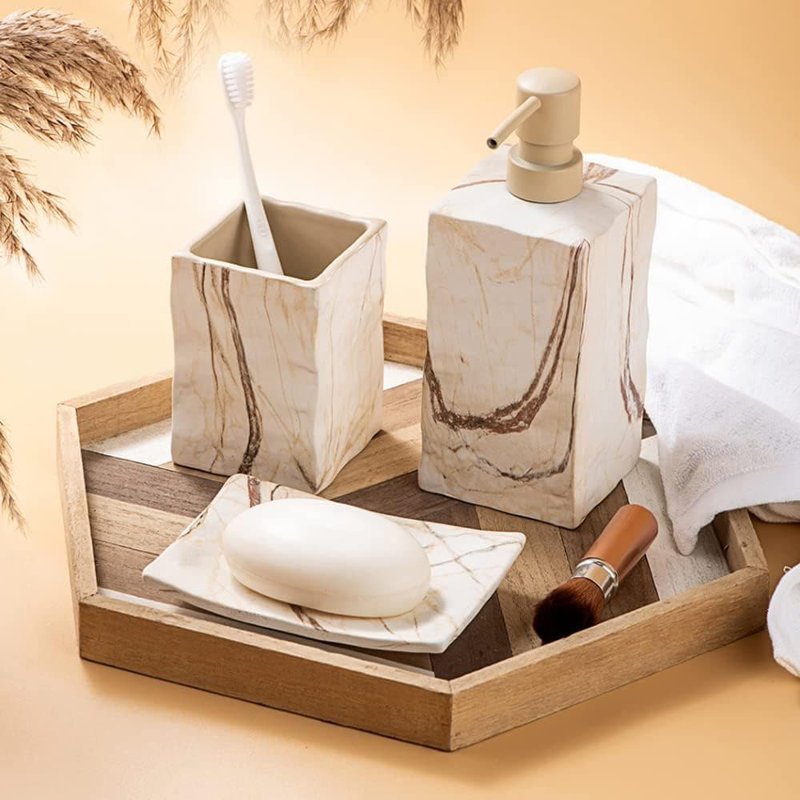 Marble Brown Ceramic Bathroom Accessory Set (4-Piece Retro) - Soap Dispenser & Toothbrush Holder
